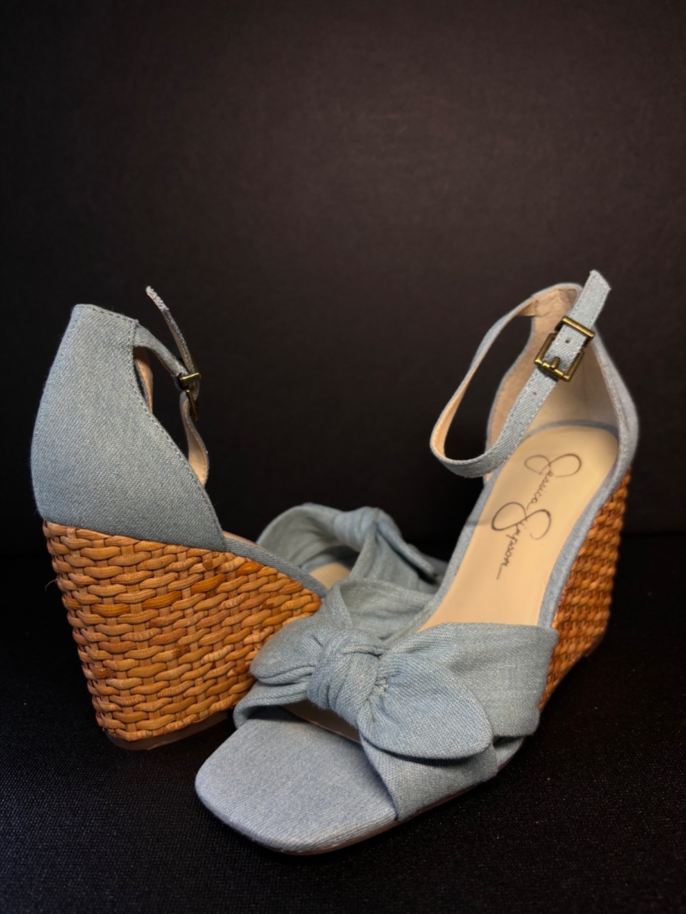 Jessica Simpson NEW Denim Bow Wedge Sandals Size 6 – Espadrille Heel Ankle Strap